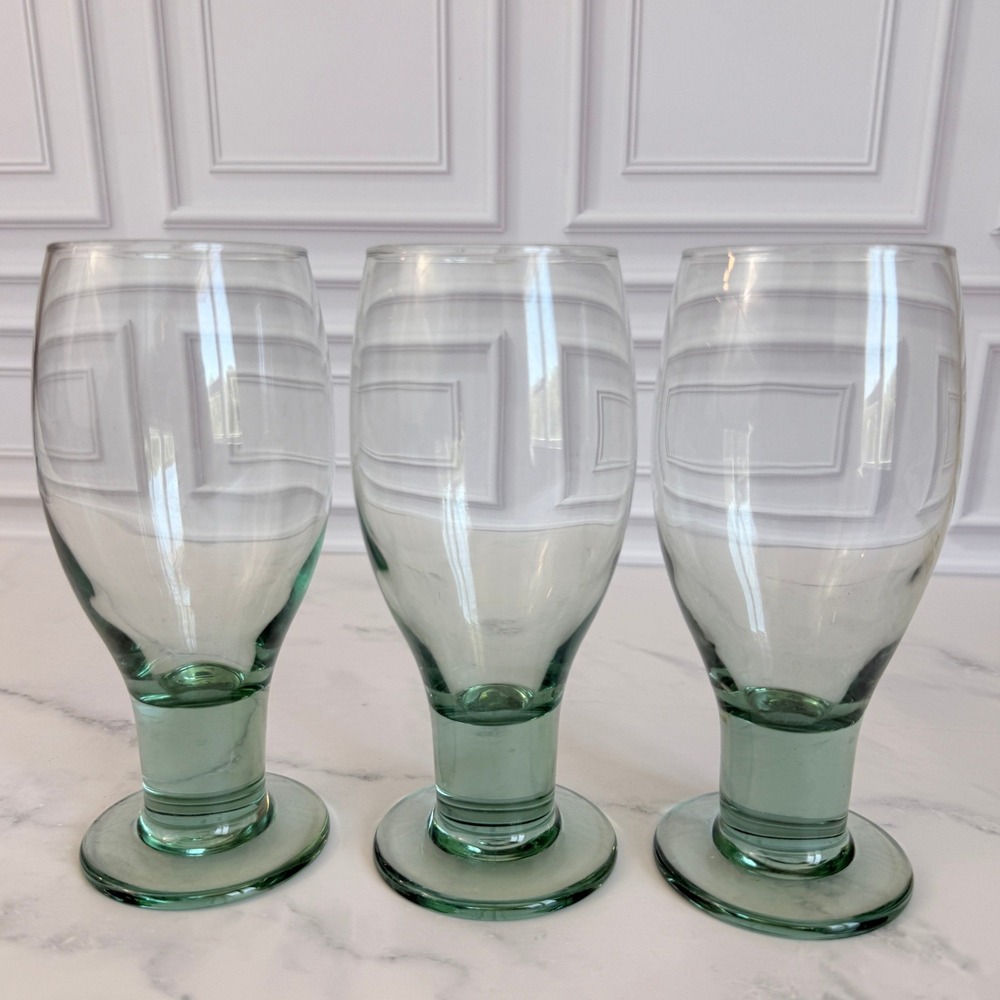 VTG Set of 3 Libbey Green Glass Spanish Style‎ Thick Stem Goblets